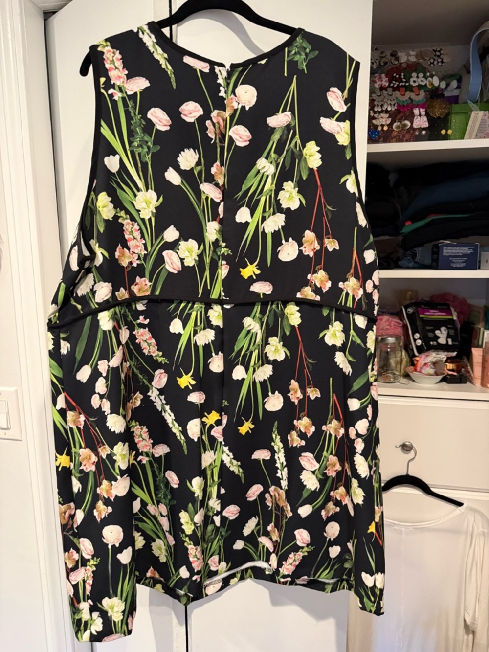 Victoria Beckham Black Floral Scoop Neck Dress with Pink Blooms